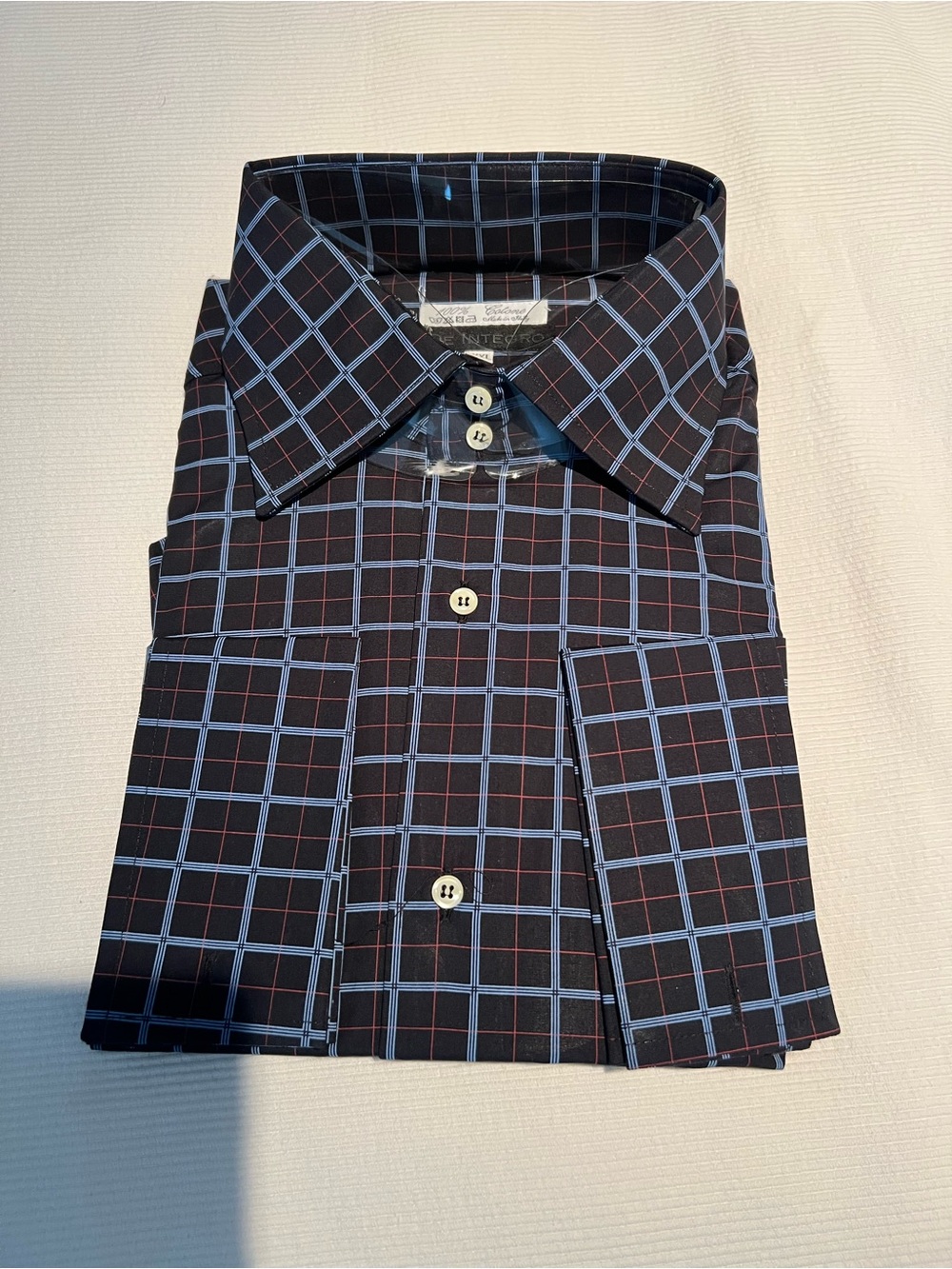 100% cotton Men's Black Plaid Dress Shirt with Blue & Red Windowpane